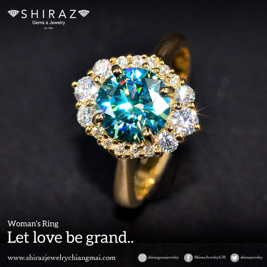 Custom made blue green (teal) moissanite ring from Chiang Mai, Thailand