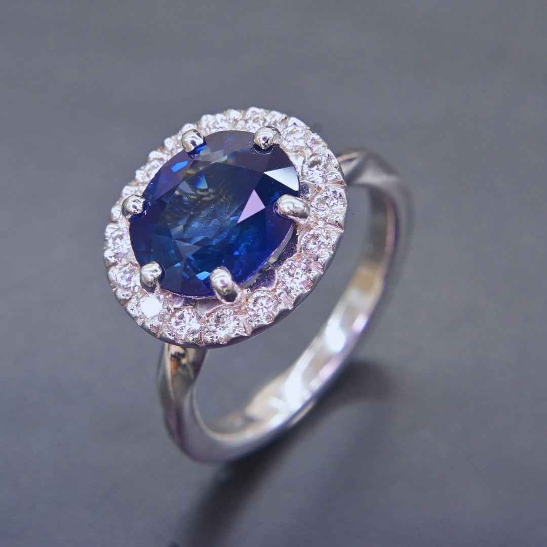 Deep Blue Halo - 18K Natural Blue Sapphire Ring