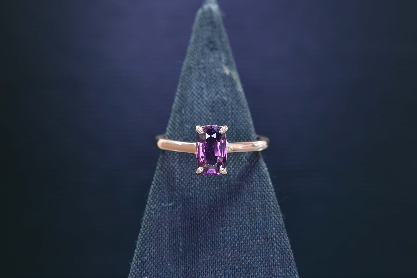 Handmade 14k rose gold ring with natural unheated cushion-cut purple spinel – crafted in Chiang Mai by Shiraz Jewelry