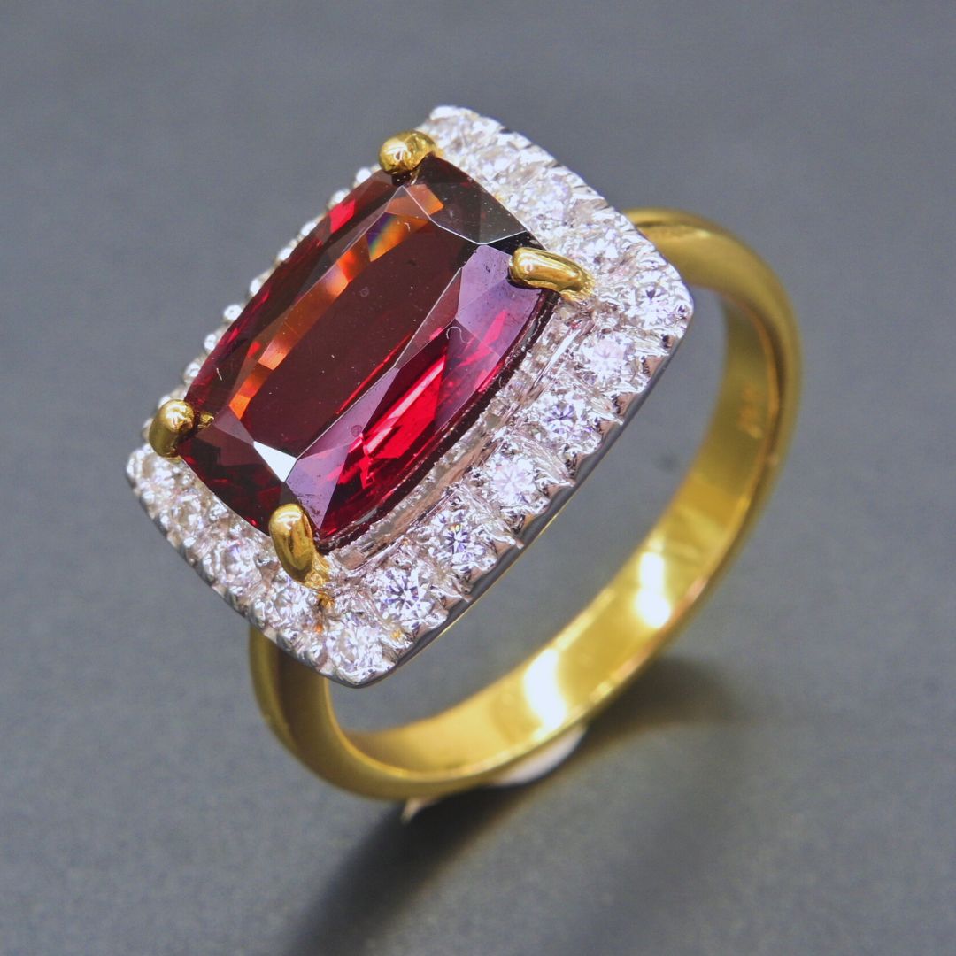 Garnet and Moissanite gemstone ring in 18K yellow gold for women