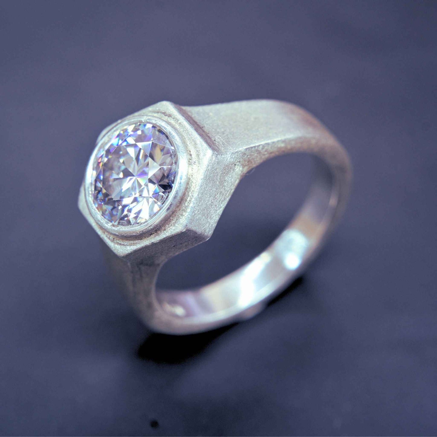 Moissanite Hexagon Silver Ring Handmade - HexaNova Bold Design