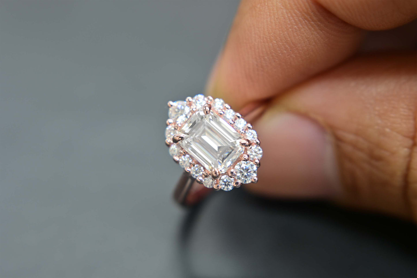 Unique emerald cut moissanite engagement ring
