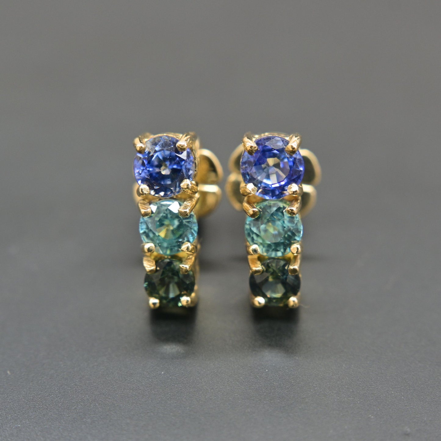 14K Gold Earrings with Blue Sapphire, Blue Zircon & Green Sapphire handmade in Chiang Mai, Thailand