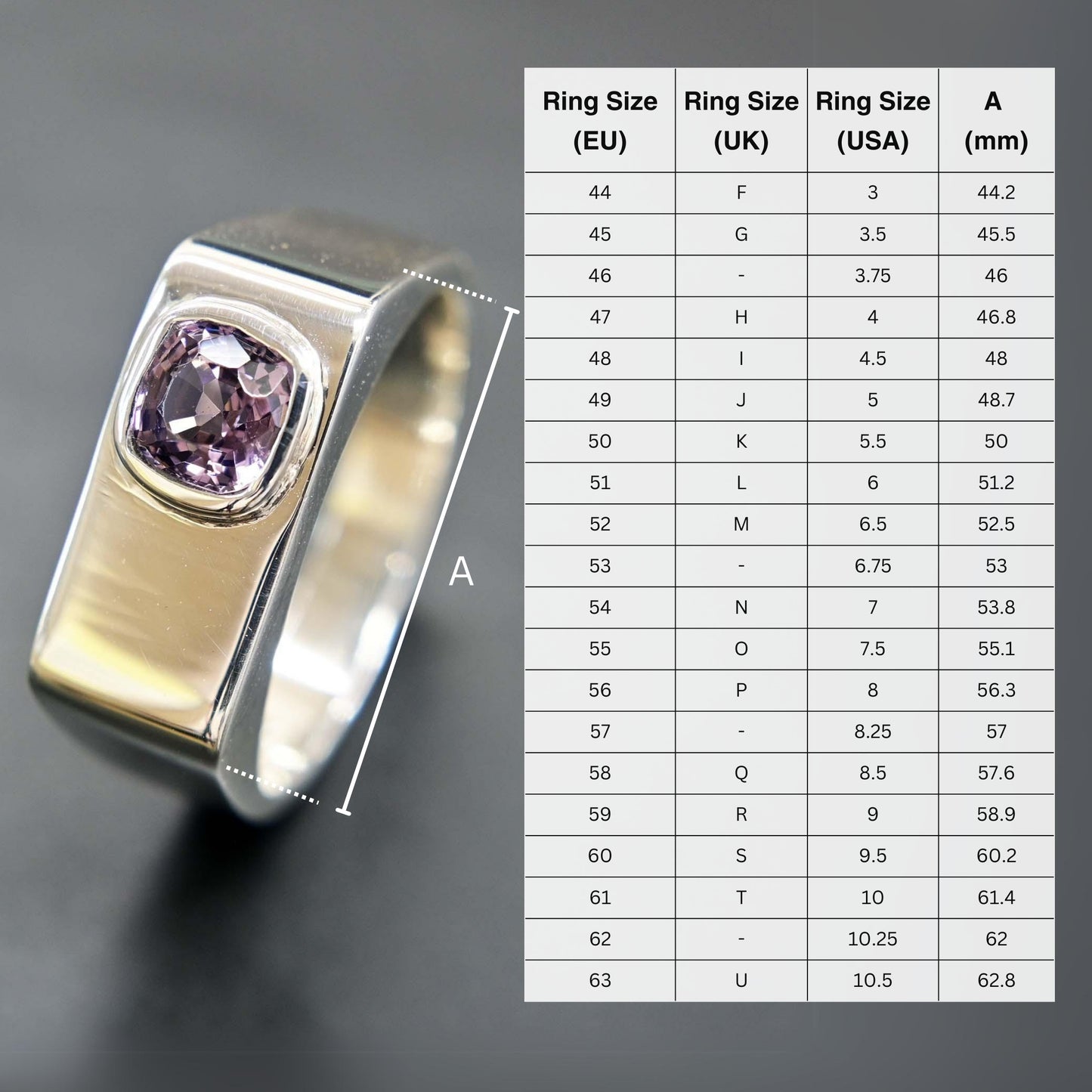Elegant men's signet ring featuring a cushion-cut lavender spinel set in a sleek sterling silver bezel setting. A modern and sophisticated statement piece with a minimalist design.