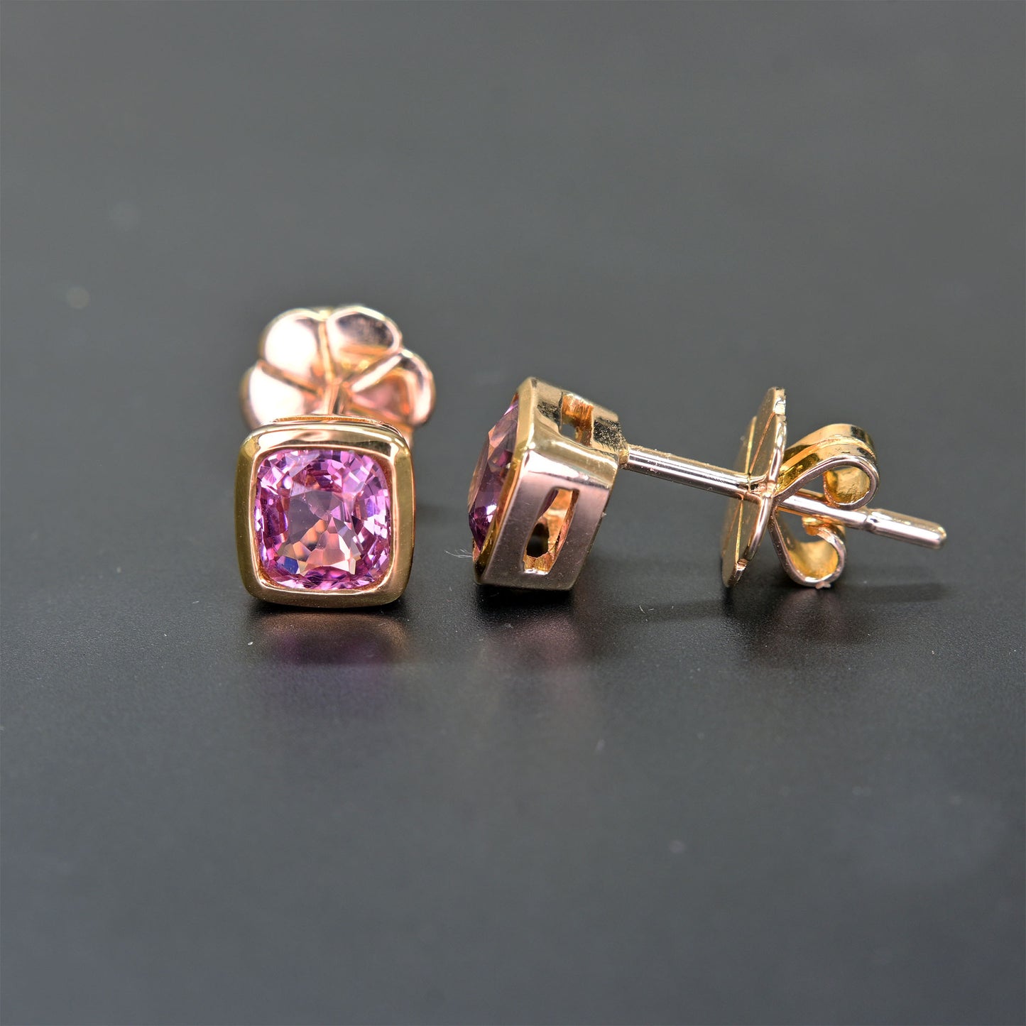 Shiraz Jewelry 14k yellow gold earrings featuring vibrant pink spinel stones