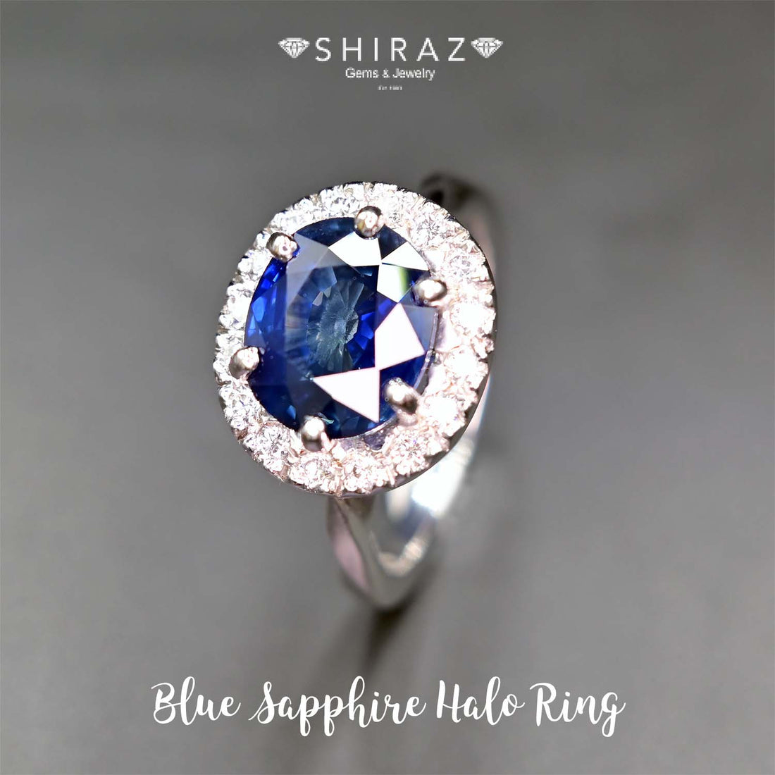 Blue sapphire halo engagement ring from Chiang Mai, Thailand - handmade by Shiraz Jewelry