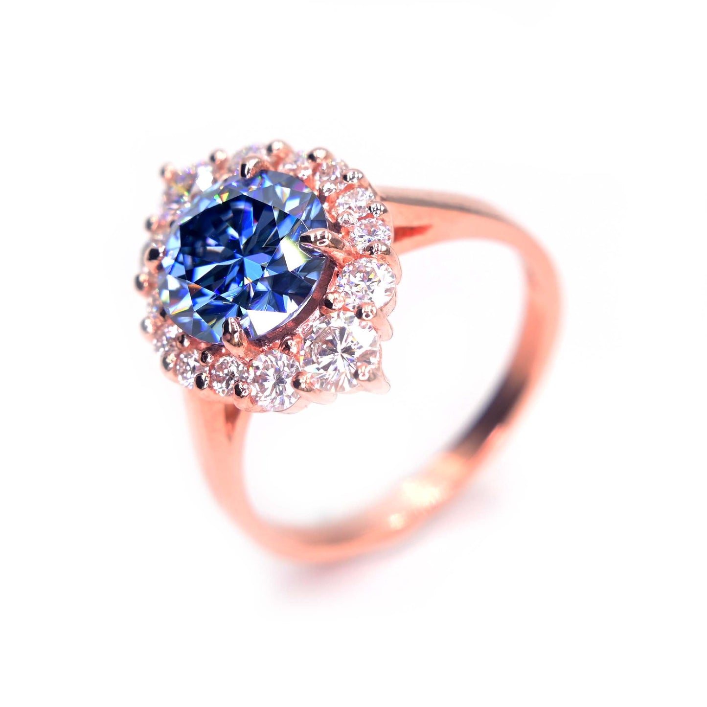 Different view of the blue moissanite ring in 14k rose gold