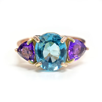 Blue zircon and amethyst ring 14k rose gold