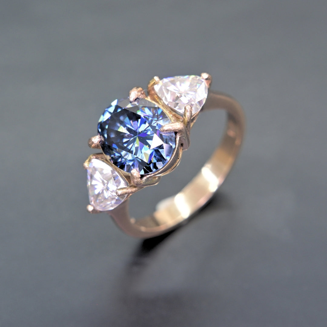 14K Gold Blue Moissanite Oval 3-Stone Ring Handmade in Chiang Mai