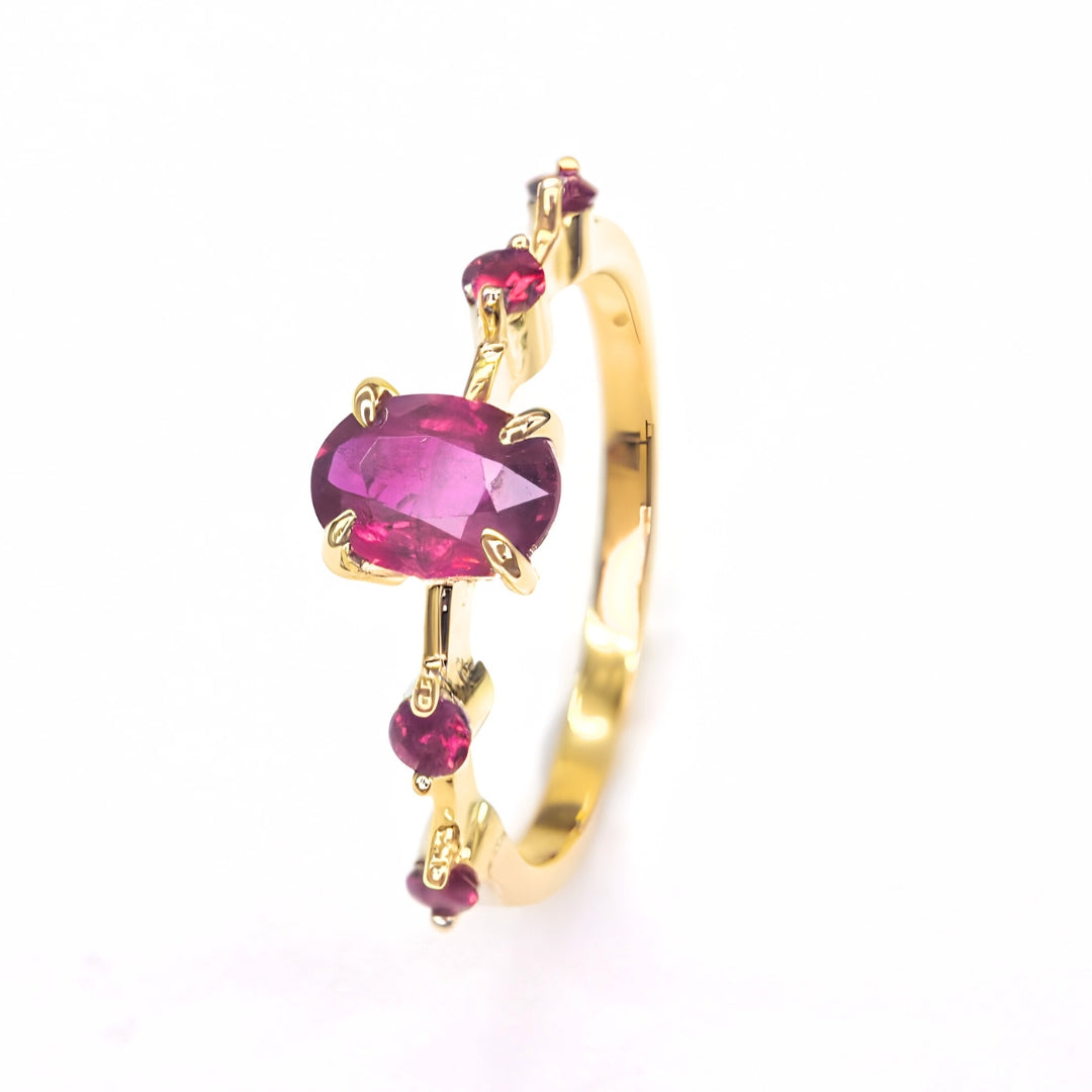 14K yellow gold ruby ring with oval natural ruby center stone