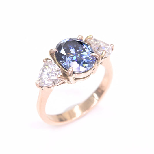 14K Gold Blue Moissanite Oval 3-Stone Ring Handmade in Chiang Mai