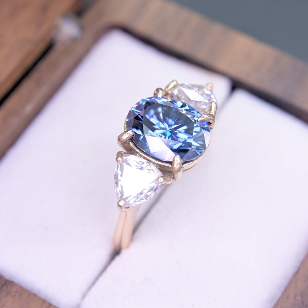 14K Romantic Rose  Gold ring with blue moissanite 