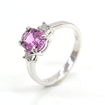 Handmade 18K white gold ring with a 1.76ct natural pink sapphire and two accent diamonds by Shiraz Jewelry, Chiang Mai, Thailand.