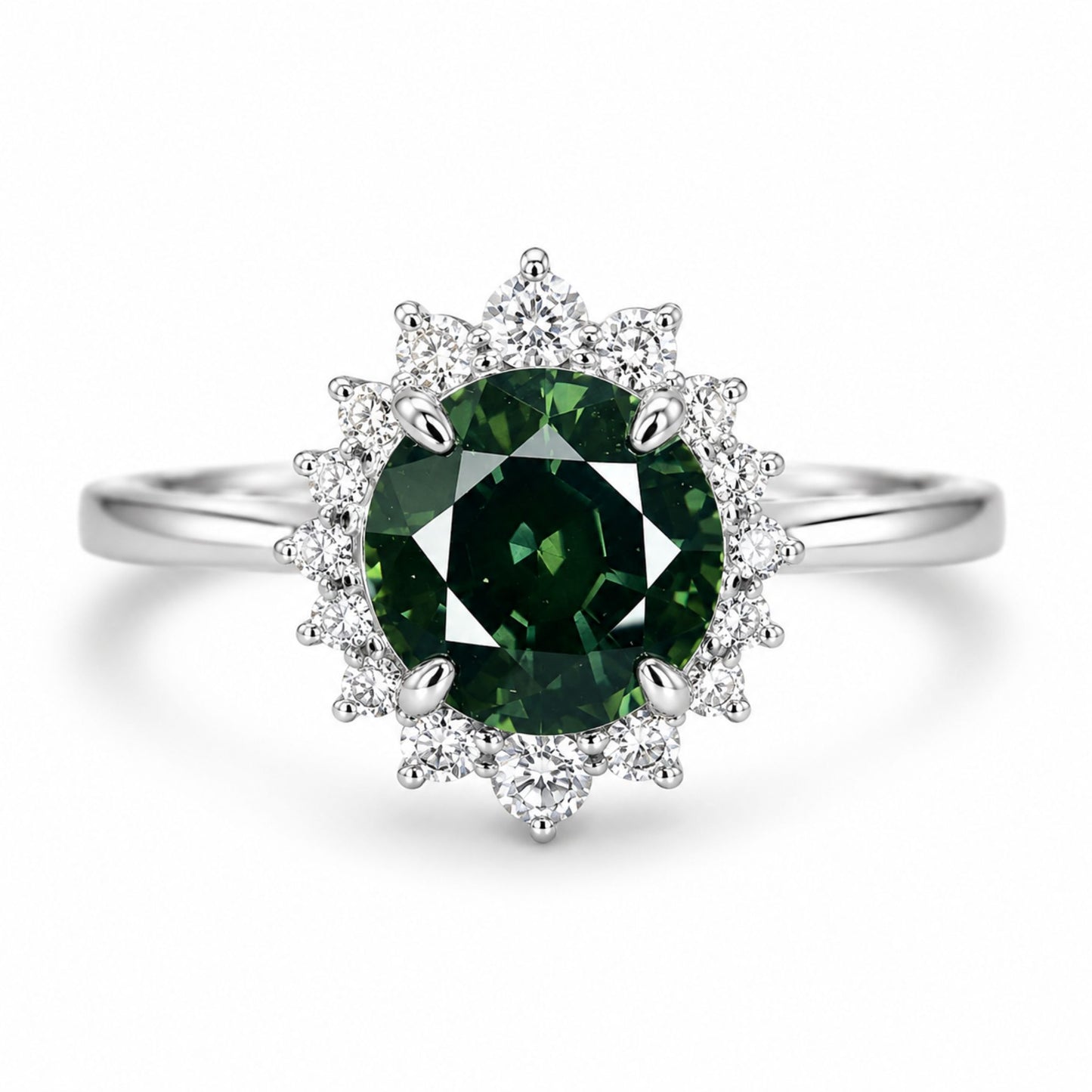 Thai green sapphire ring with 16 natural diamonds set in 18K white gold by Shiraz Jewelry