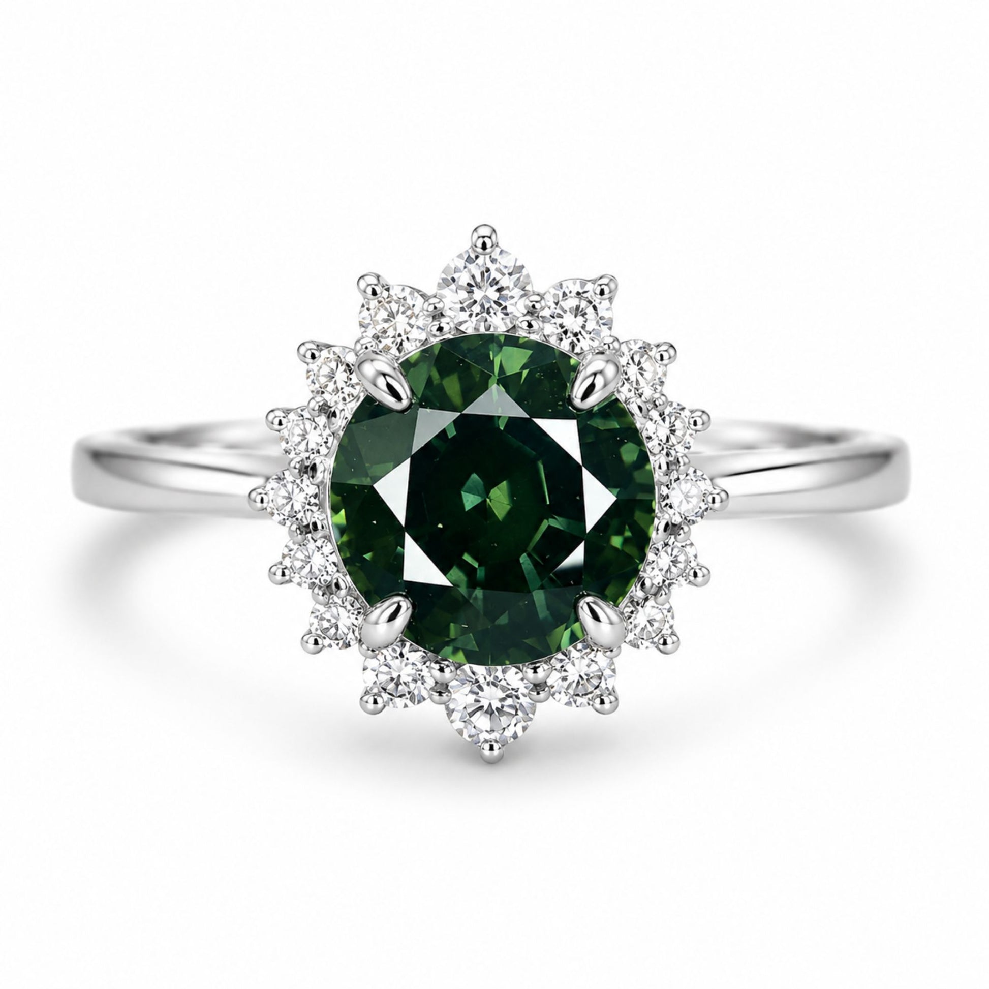 Thai green sapphire ring with 16 natural diamonds set in 18K white gold by Shiraz Jewelry