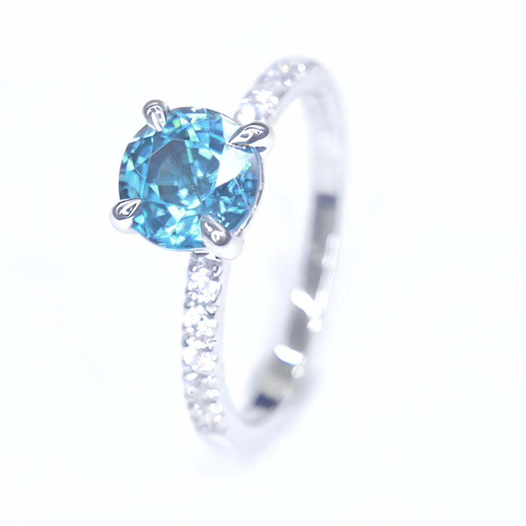 18K white gold handmade blue zircon and moissanite ring by Shiraz Jewelry