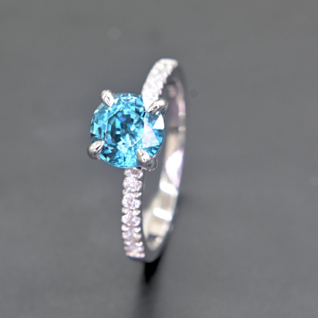 Blue zircon and moissanite ring artisan made in Thailand