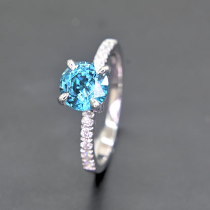 Blue zircon and moissanite ring artisan made in Thailand