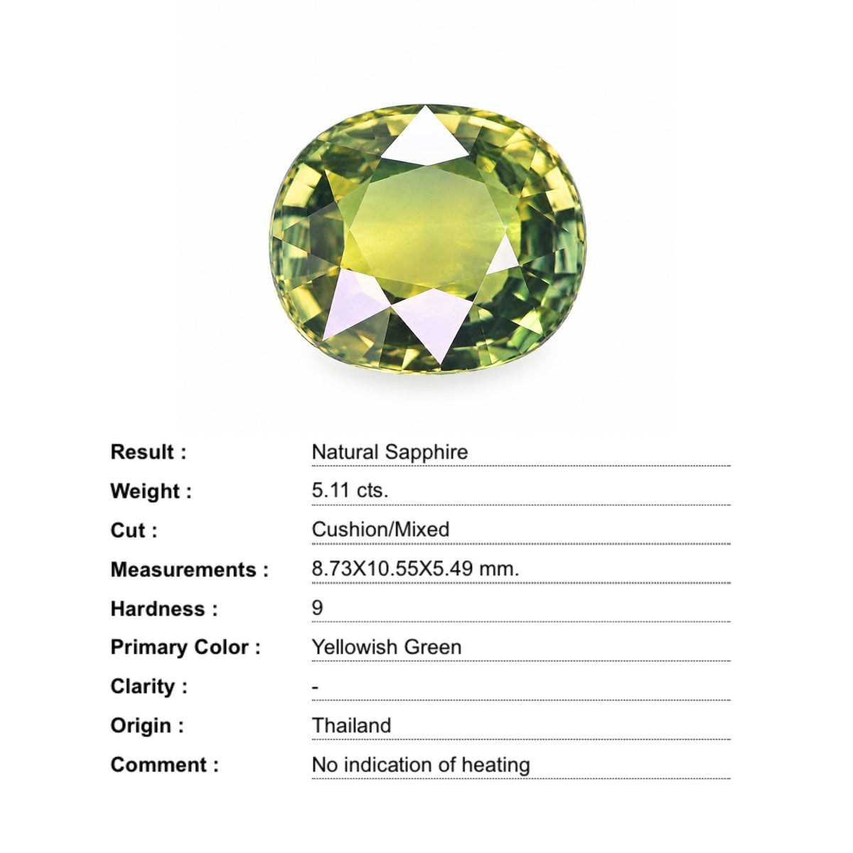 Lab certificate confirming 5.11ct natural unheated Thai green sapphire authenticity