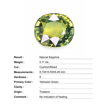 Lab certificate confirming 5.11ct natural unheated Thai green sapphire authenticity