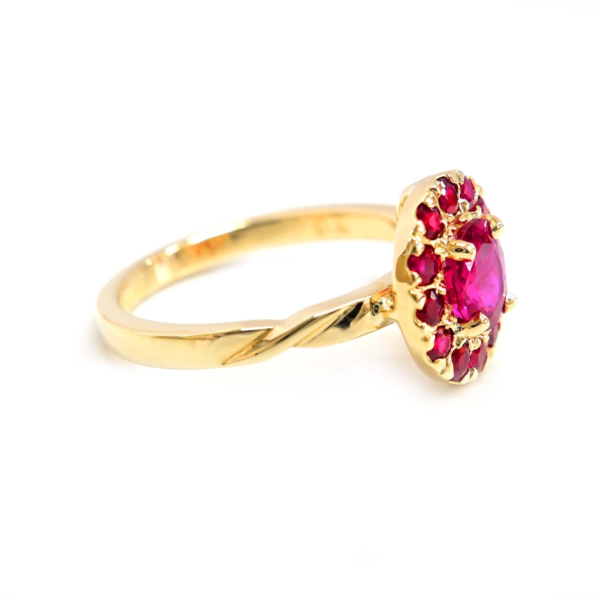 Eye-catching ruby ring with a radiant halo, perfect for special occasions