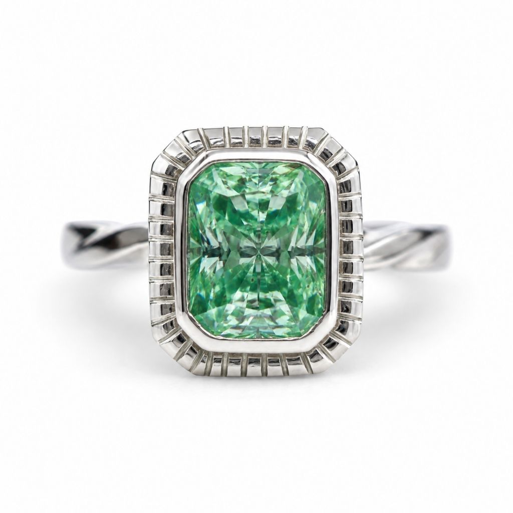 18K White Gold Ring with Blue Green Moissanite twisted band