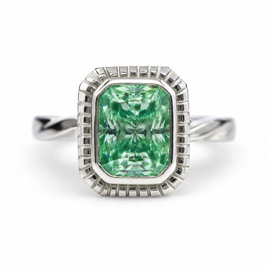 18K White Gold Ring with Blue Green Moissanite twisted band