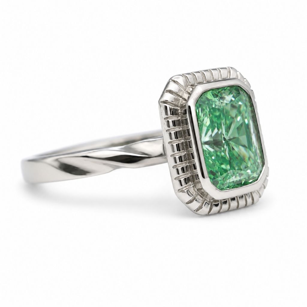 Handmade Emerald Cut Moissanite Ring in 18K White Gold Twisted Band