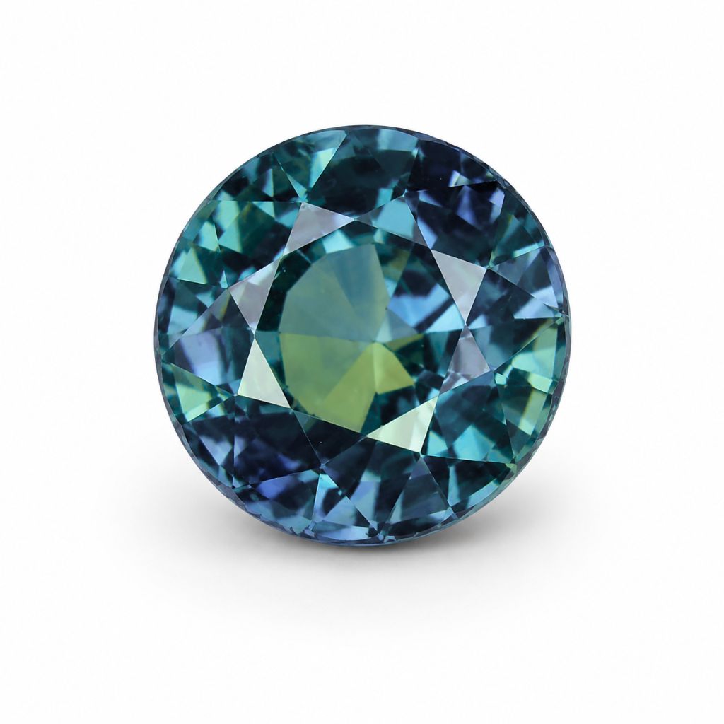 A round brilliant-cut gemstone with a faceted blue-green color shift, showing deep teal, navy, and light green reflections, set against a plain white background.