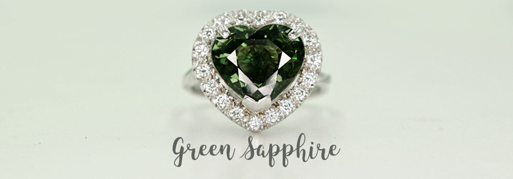 Natural green sapphire ring with diamonds set in 18k white gold