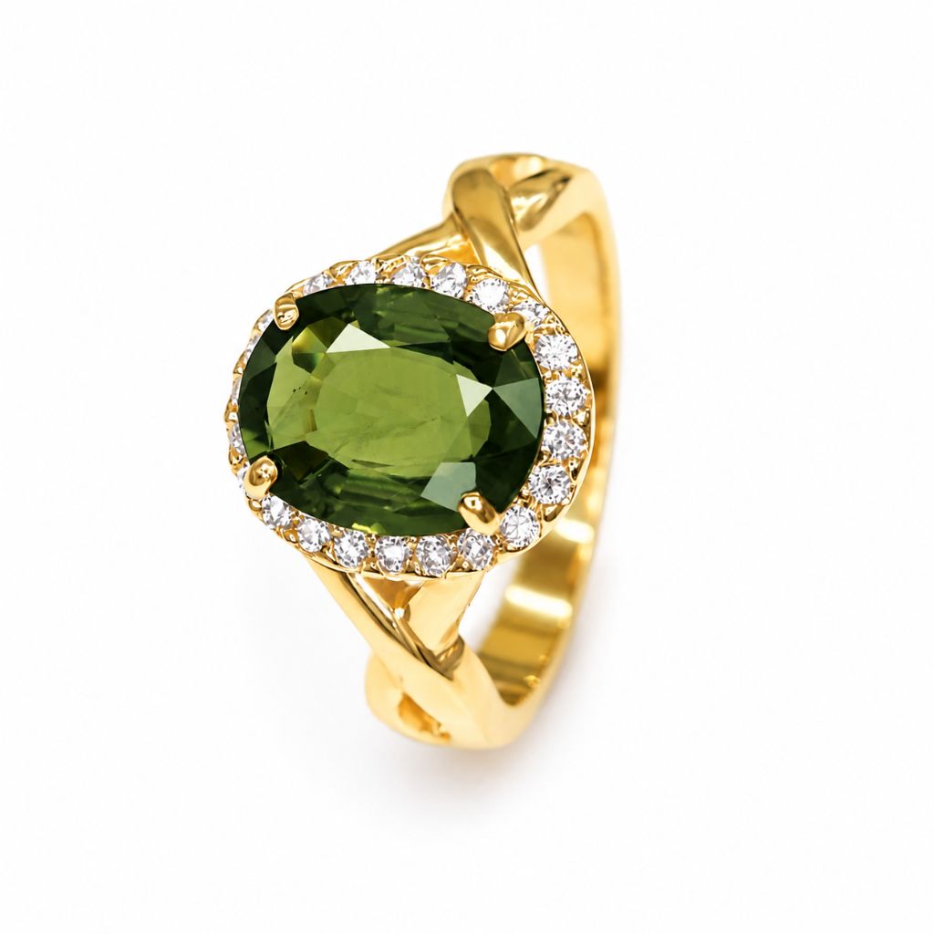 Green sapphire diamond halo ring in 14K yellow gold with an oval natural green sapphire and sparkling diamond halo, elegant fine jewelry for women