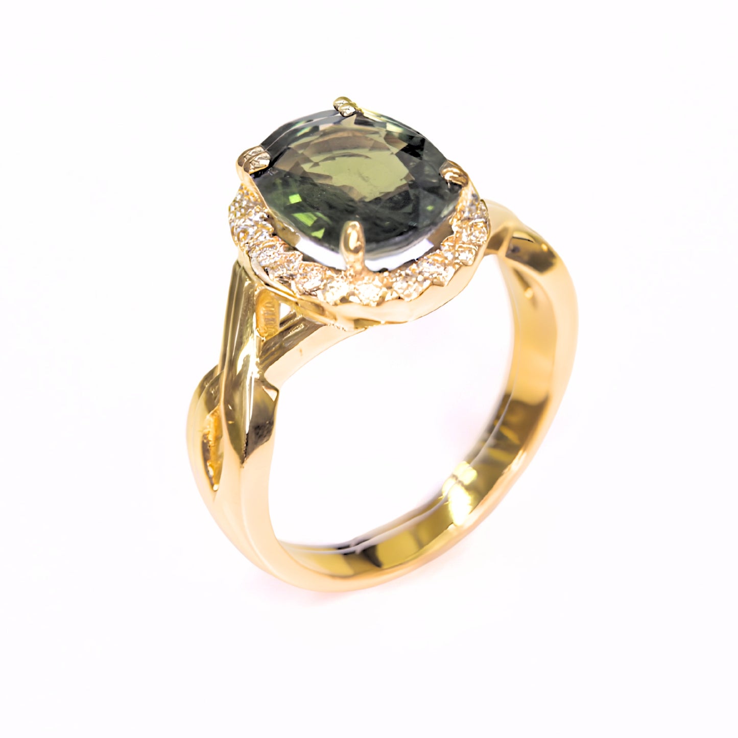 Natural green sapphire halo ring with diamonds in solid 14K gold