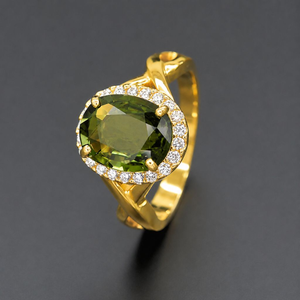 Elegant green sapphire and diamond halo ring in polished 14K yellow gold, featuring an oval natural sapphire with a contemporary crossover band design