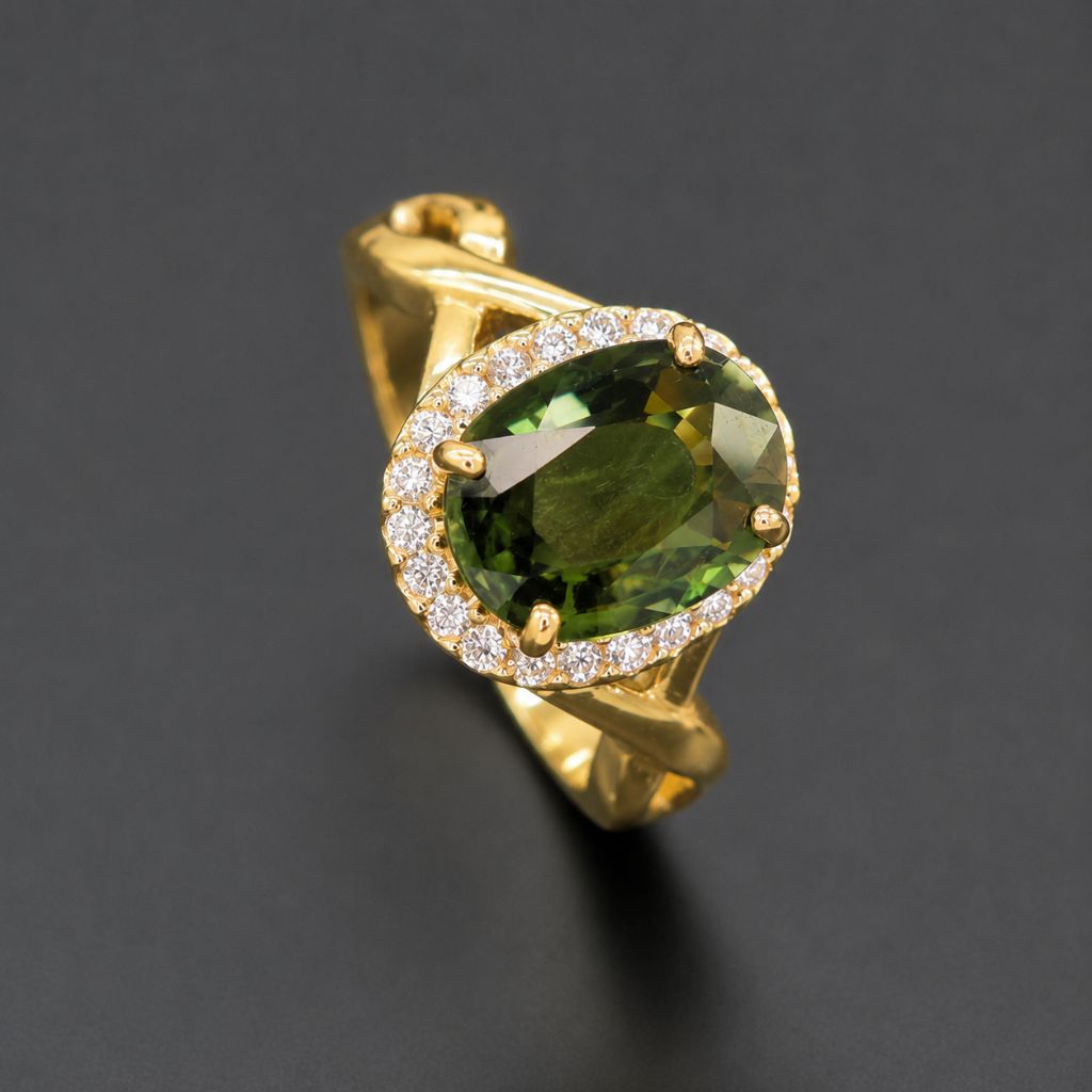 Fine jewelry green sapphire diamond halo ring in 14K yellow gold with an oval natural gemstone, sophisticated artisan-crafted statement ring for women.