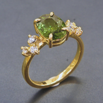 Unique green sapphire gemstone ring with six sparkling diamonds for women
