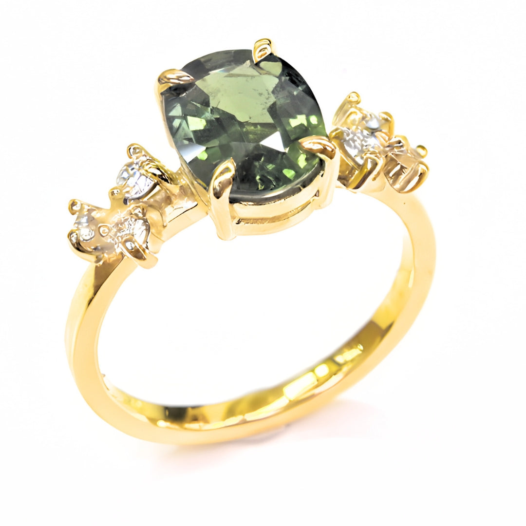 Rare green sapphire solitaire ring with diamond accents handmade in gold