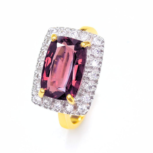 Handmade 4.12 carat Rhodolite Garnet ring with Moissanite halo in 18K yellow gold