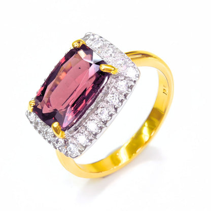 January birthstone Rhodolite Garnet engagement ring with sparkling Moissanites