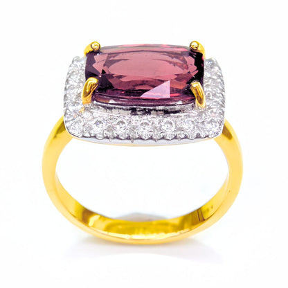 Handcrafted Rhodolite Garnet and Moissanite cocktail ring in yellow gold