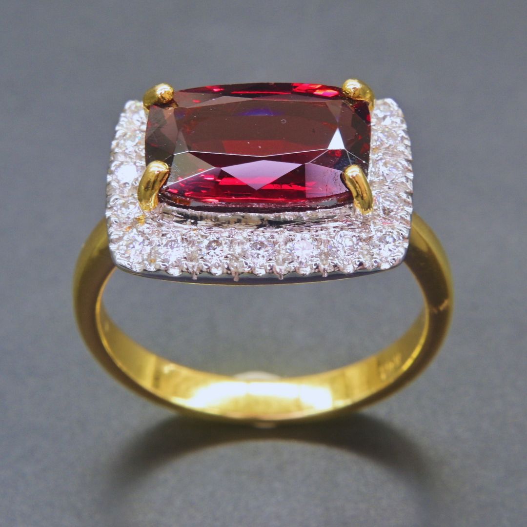 Artisan-crafted Rhodolite Garnet ring with brilliant Moissanite sparkle