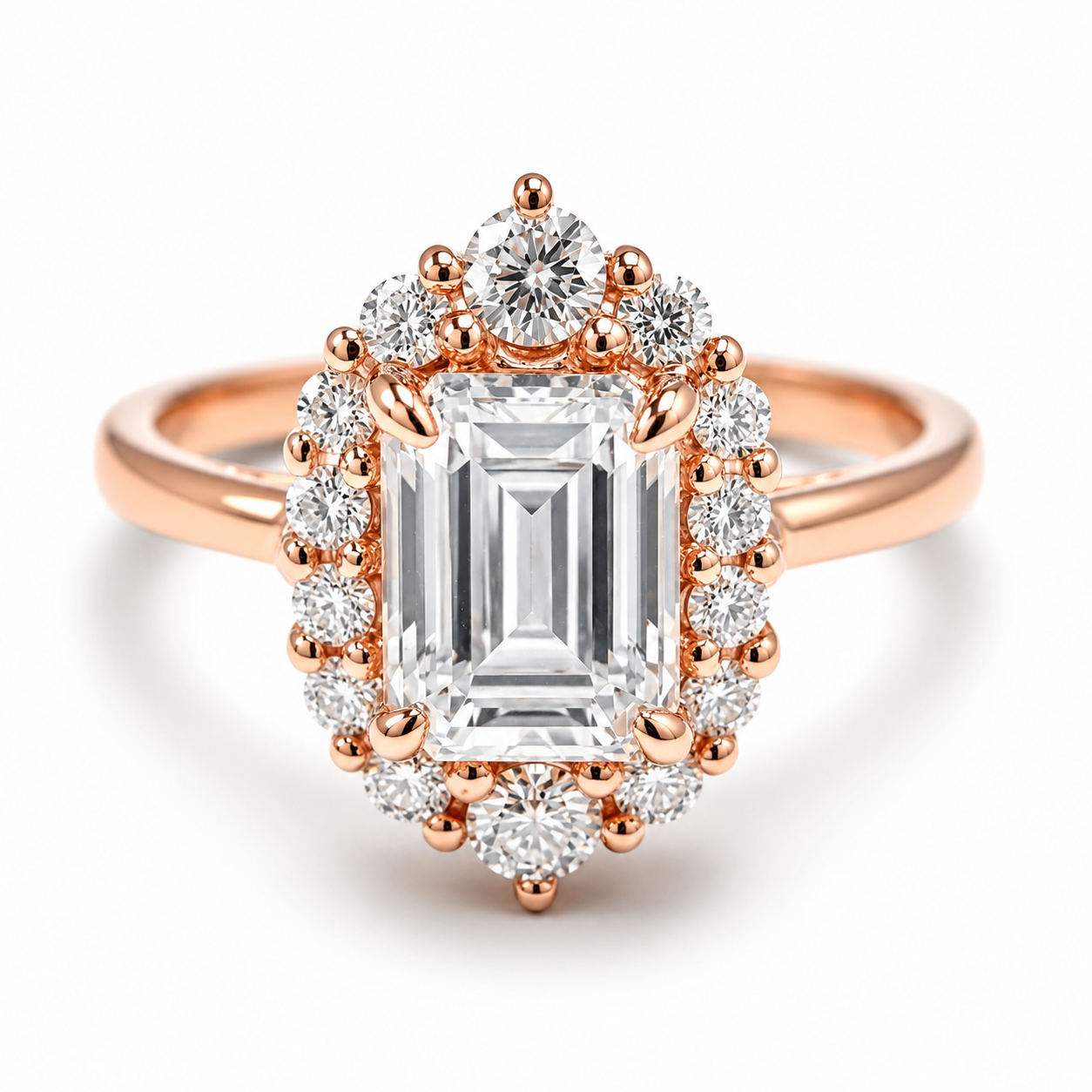 Rose gold halo ring featuring a large emerald-cut center diamond surrounded by smaller round and baguette diamonds, set on a polished band against a white background.