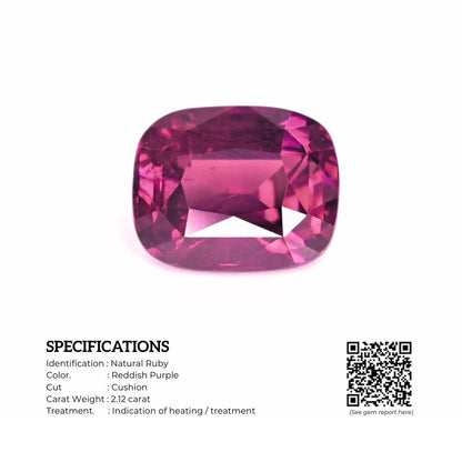 2.12 carat natural ruby cushion cut with full certificate