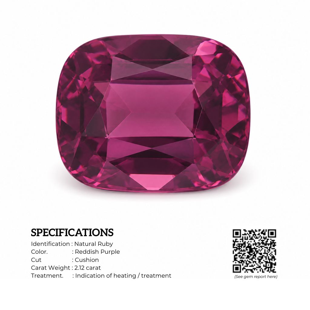 Natural Mozambique ruby 2.12 ct cushion cut gemstone ring with vivid purple red colour
