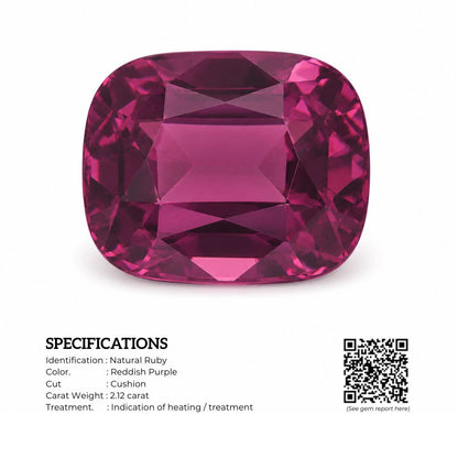Natural Mozambique ruby 2.12 ct cushion cut gemstone ring with vivid purple red colour