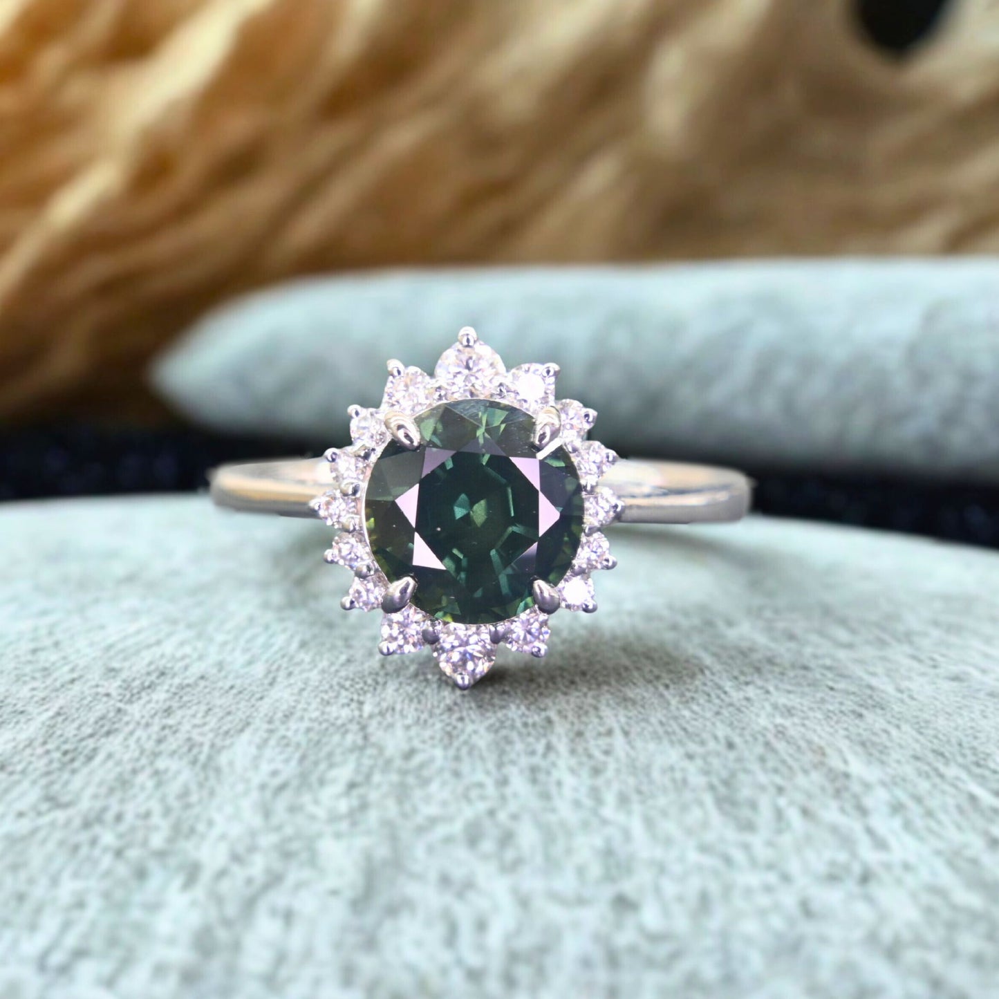 Natural Thai green sapphire ring with diamond halo in 18k white gold, round forest green sapphire engagement ring