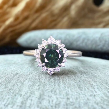 Natural Thai green sapphire ring with diamond halo in 18k white gold, round forest green sapphire engagement ring