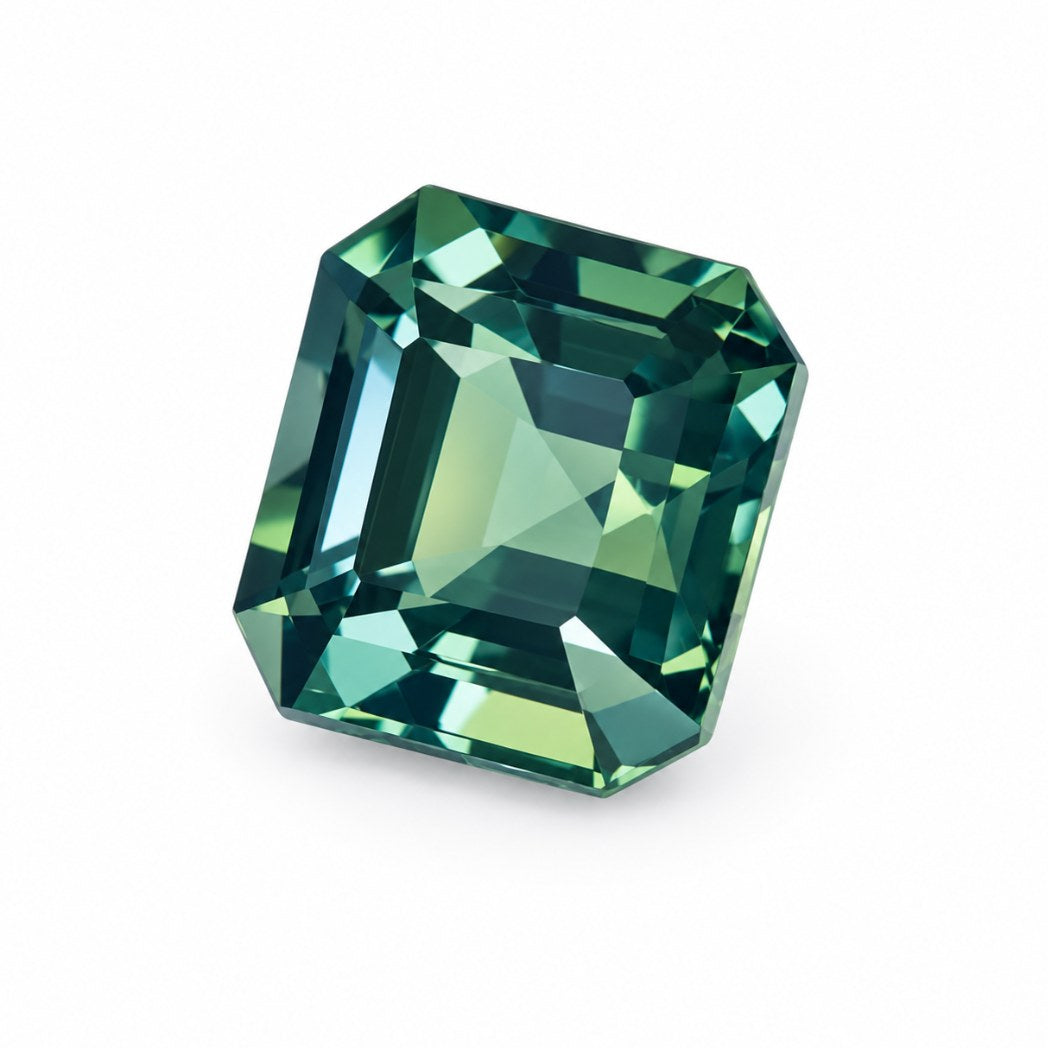 A single emerald-cut unheated teal sapphire gemstone with faceted facets, shown on a plain white background.