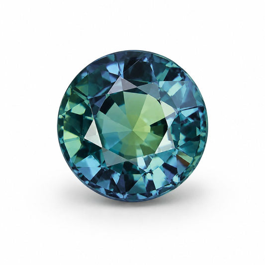 A round brilliant-cut gemstone with a faceted teal-blue and green color identity, shown on a clean white background.