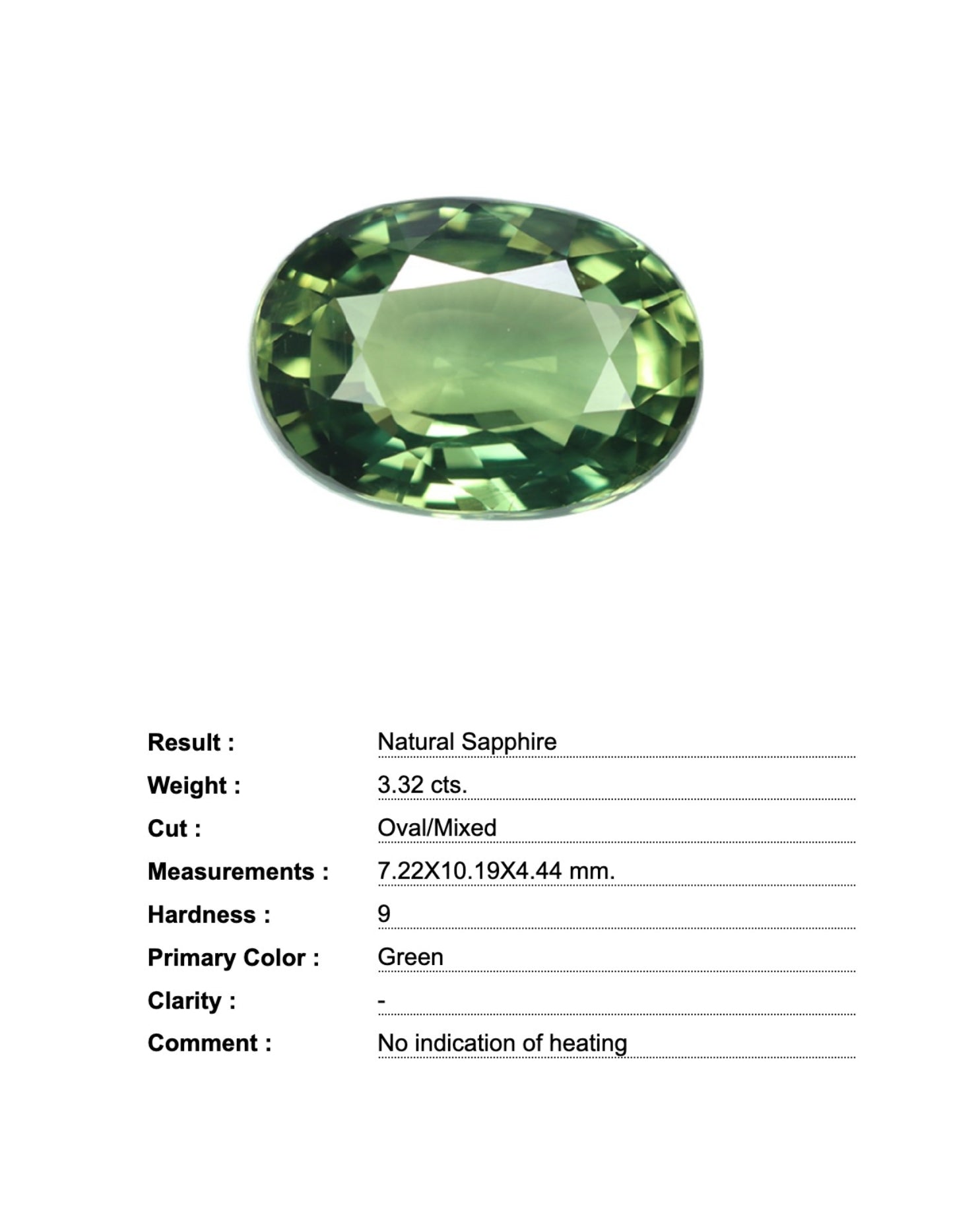 Natural Thai olive green sapphire, 3.32 carats, no treatment, on a white background.