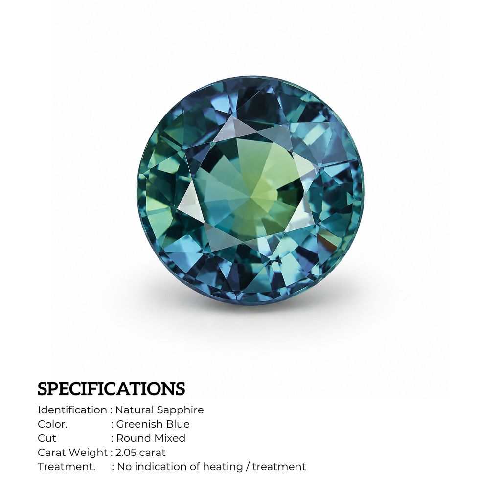 A 2.05 carat round brilliant-cut natural sapphire gemstone with full certifcation